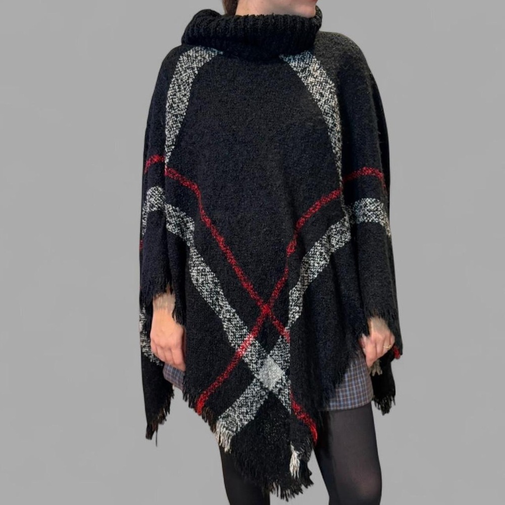 Black Red Plaid Scandinavian Poncho with cow neck One Size
